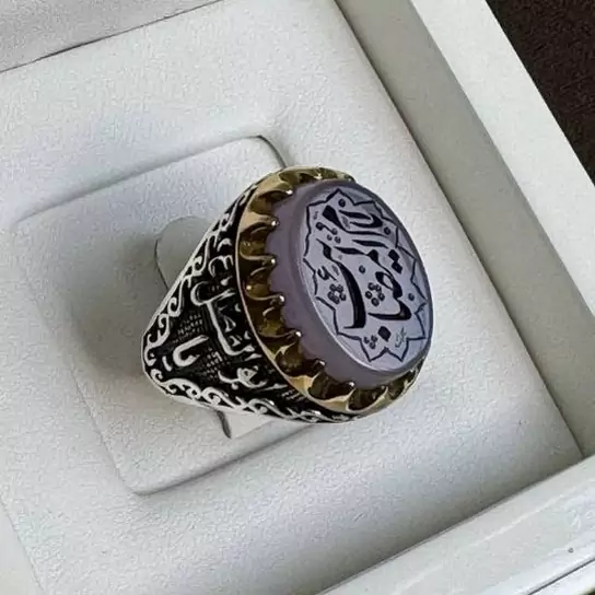 انگشتر عقیق کبود رکاب تاج برنجی نقره مردانه
