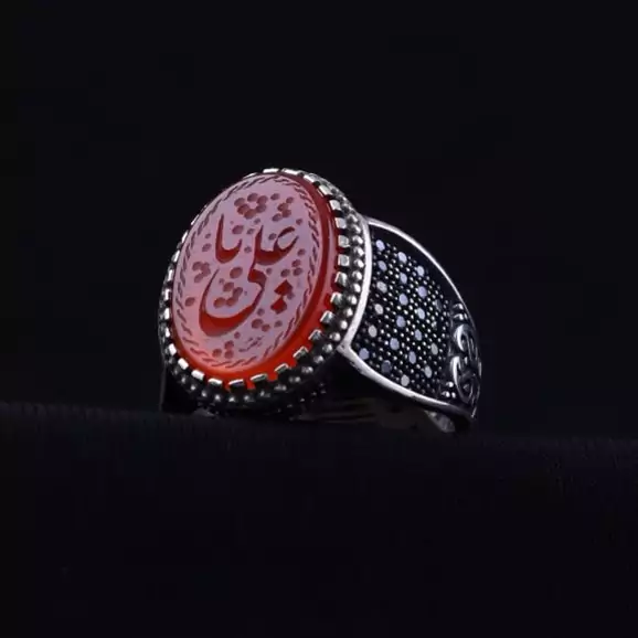 انگشتر مردانه عقیق سرخ نقش یاعلی رکاب مارکازیتی اصل ( انگشتر نقره مردانه )