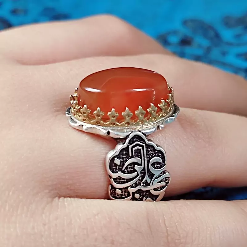 انگشتر عقیق یمنی پرتقالی مردانه رکاب علی بن موسی الرضا