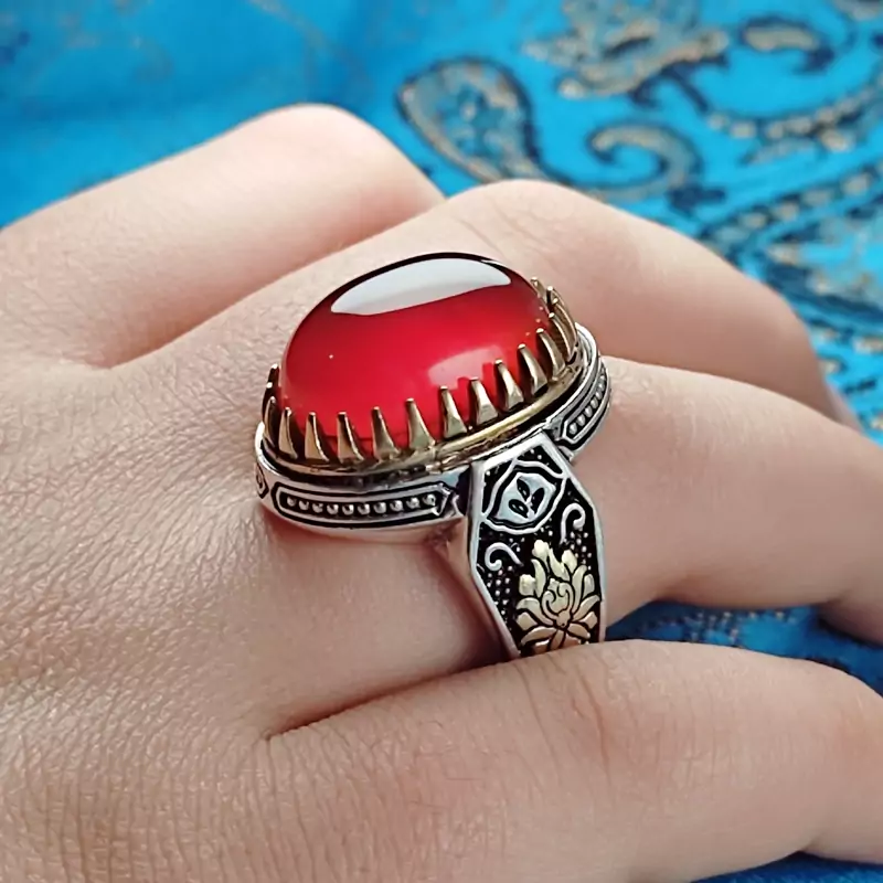 انگشتر مردانه عقیق سرخ طرح گل