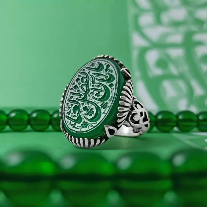 انگشتر مردانه عقیق سبز و حکاکی یا ابالفضل (ع)