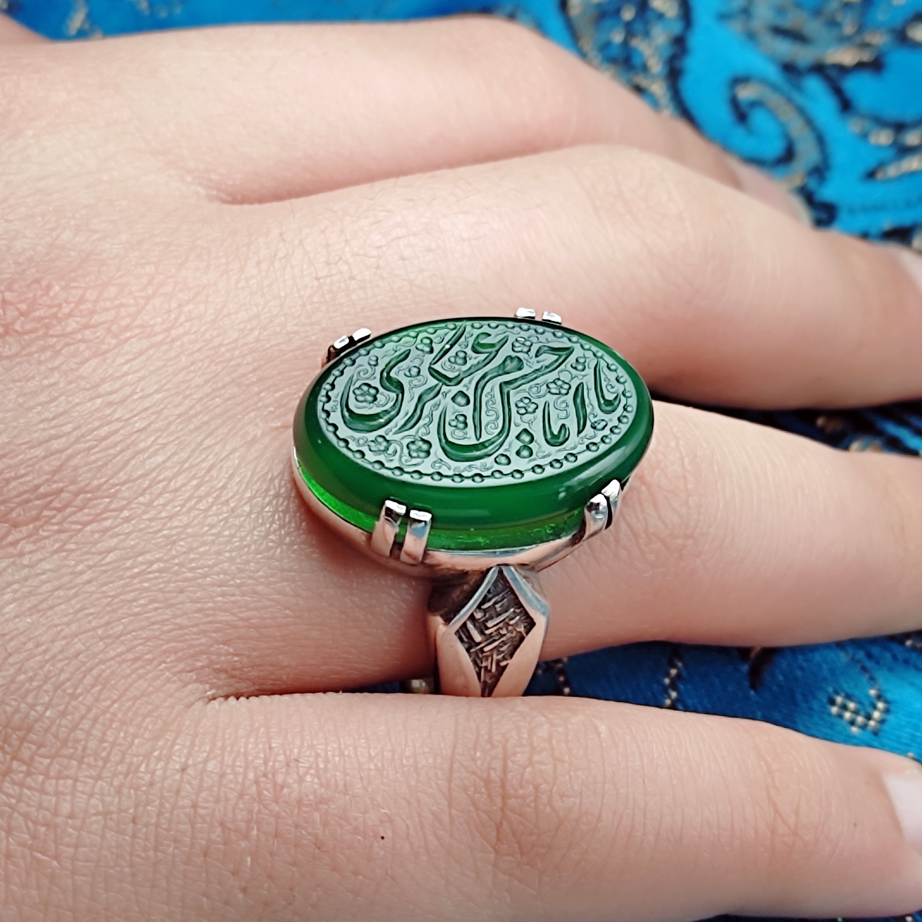 انگشتر یا امام حسن عسکری مردانه عقیق سبز اصلی