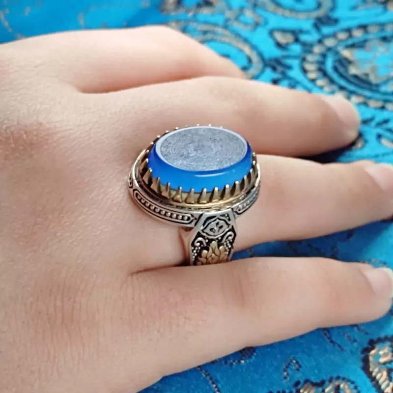 انگشتر مردانه عقیق آبی حکاکی 16 ذکر