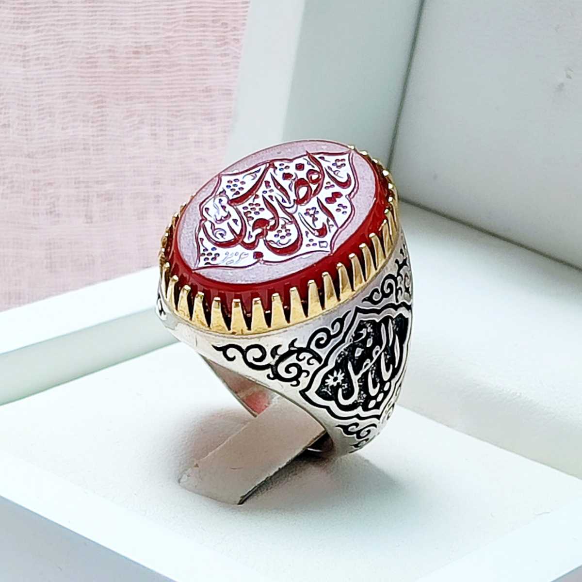 انگشتر مردانه عقیق سرخ اصلی با حکاکی یا ابالفضل العباس