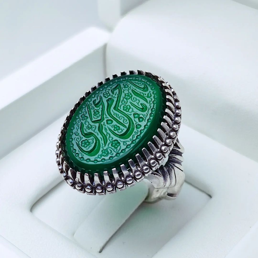 انگشتر مردانه عقیق سبز اصلی و خوش دست با حکاکی یا امام حسن