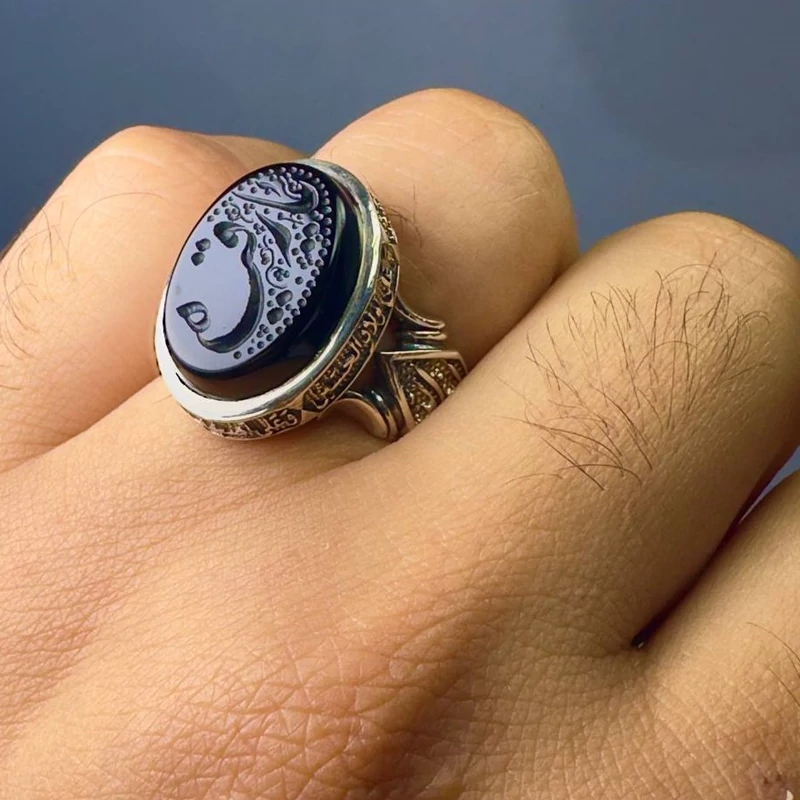 انگشتر اصل مردانه نقره قلمزنی عقیق مشکی اصل