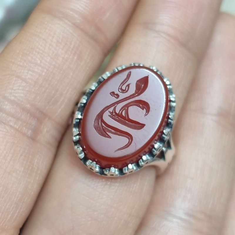 انگشتر یاعلی مردانه عقیق سرخ مدل نیزه