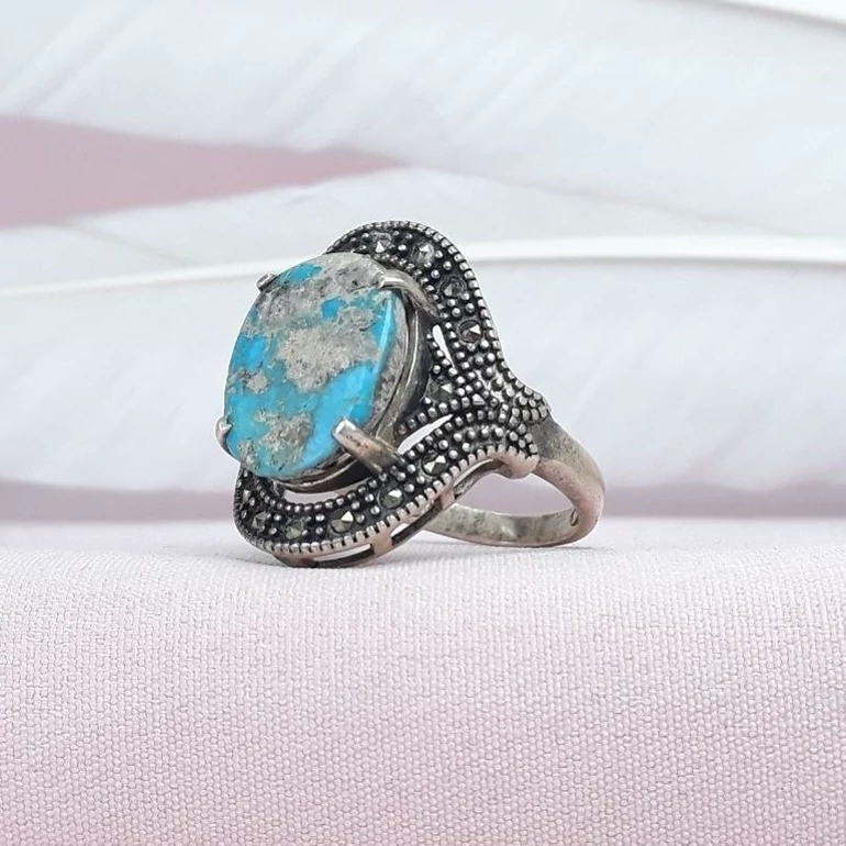 انگشتر نقره زنونه فیروزه روکش رادیوم سیاه قلم
