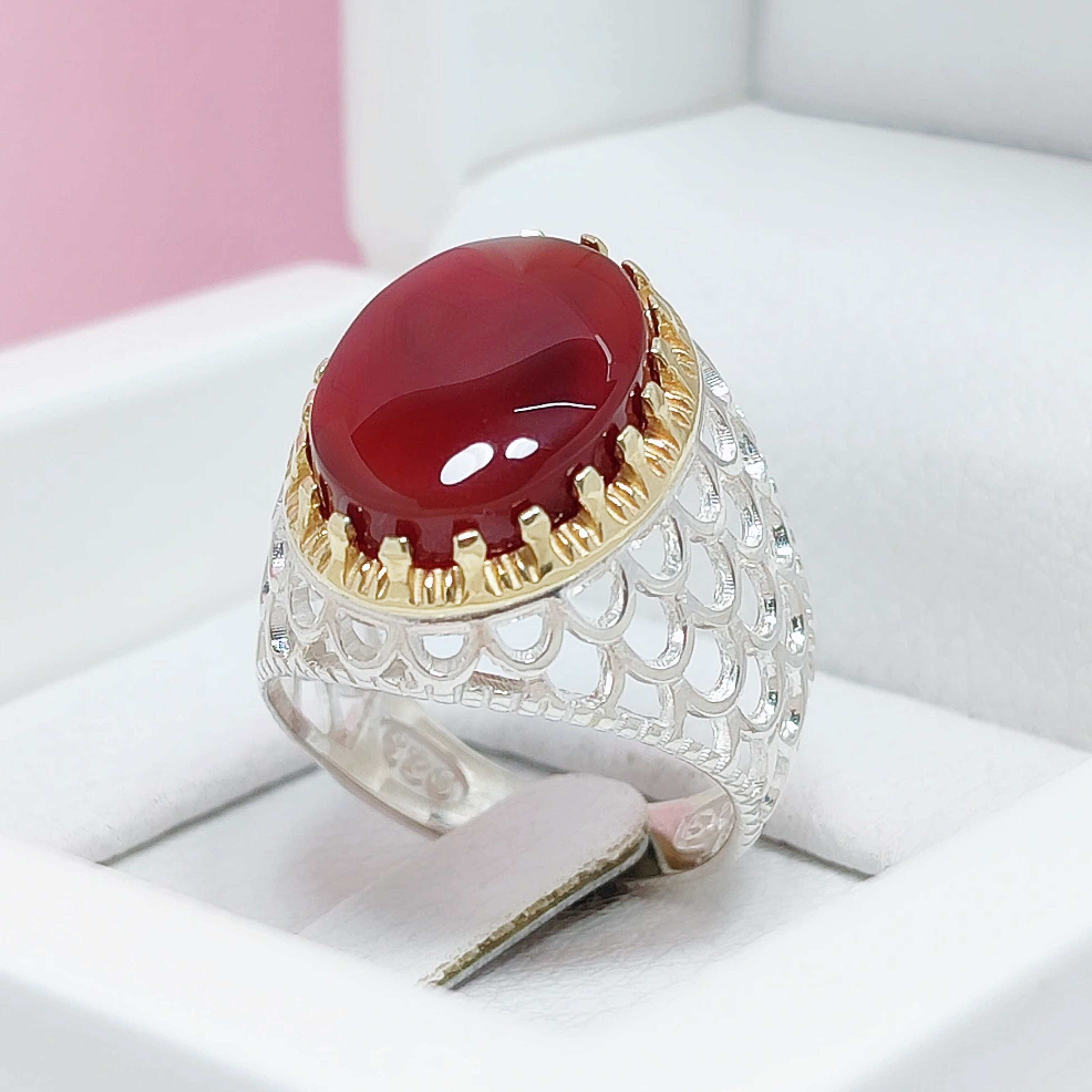 انگشتر مردانه نقره عقیق سرخ خوش رنگ مدل توری