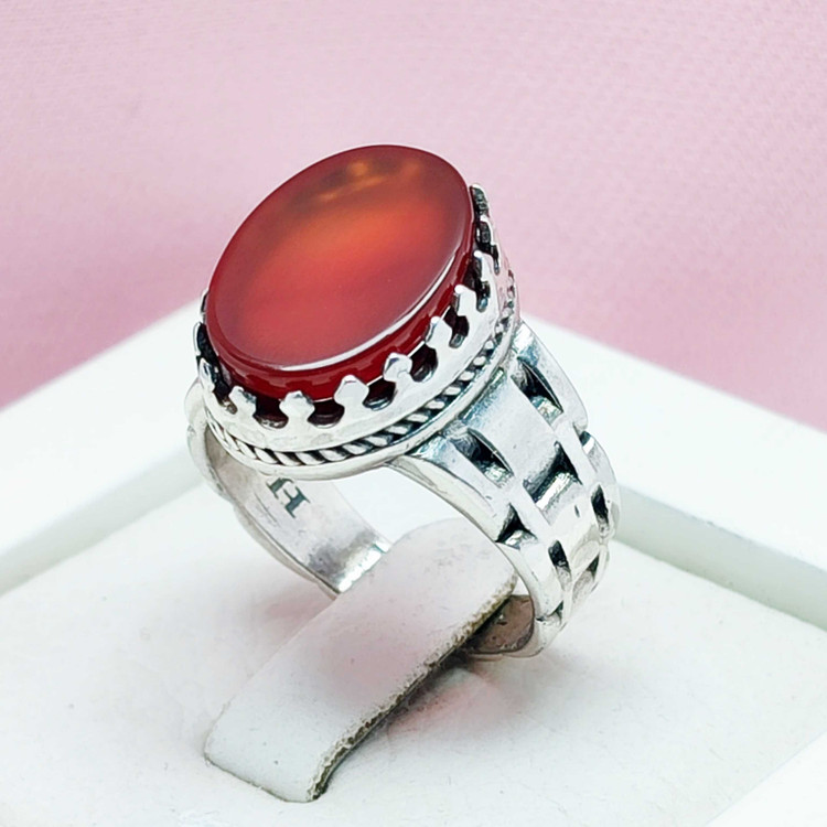 انگشتر مردانه نقره عقیق سرخ خوش رنگ طرح رولکس