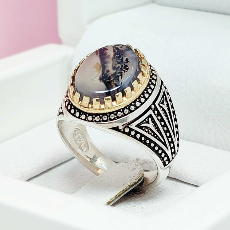 انگشتر شجر قائن منظره ای خطی اصل تاج طلایی