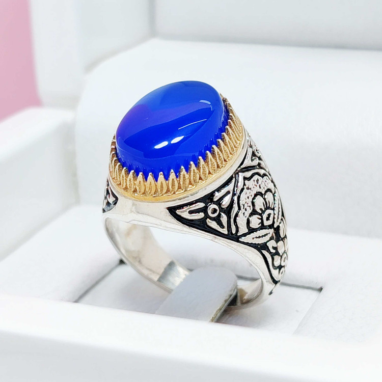 انگشتر مردانه نقره عقیق آبی خراسان قلم زنی گل