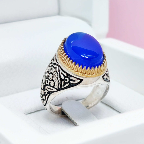 انگشتر مردانه نقره عقیق آبی قلم زنی نقش گل