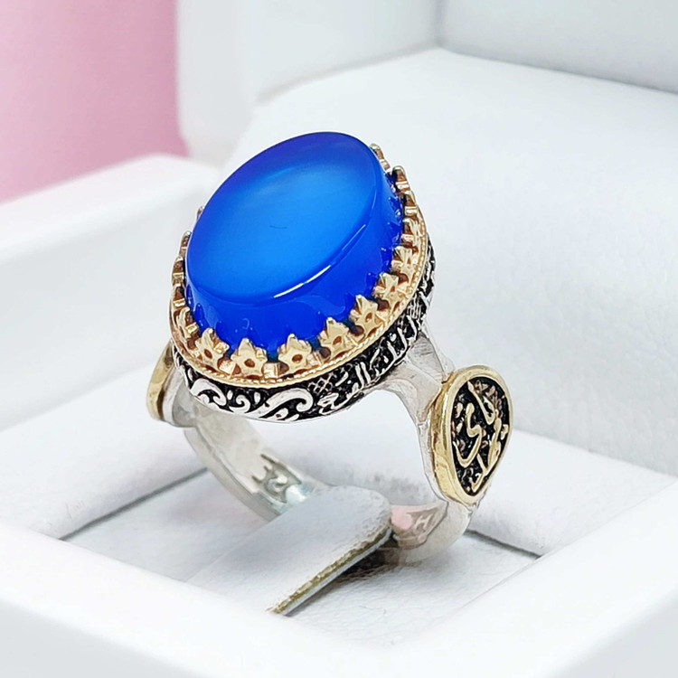 انگشتر مردانه نقره عقیق آبی ذکر یا مهدی