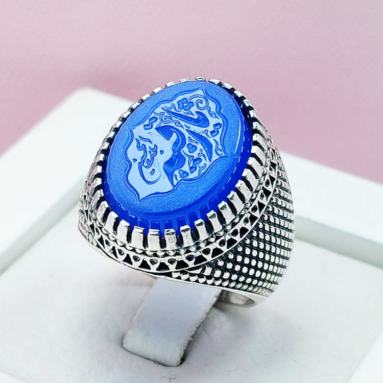 انگشتر مردانه نقره عقیق آبی مدل حصیری