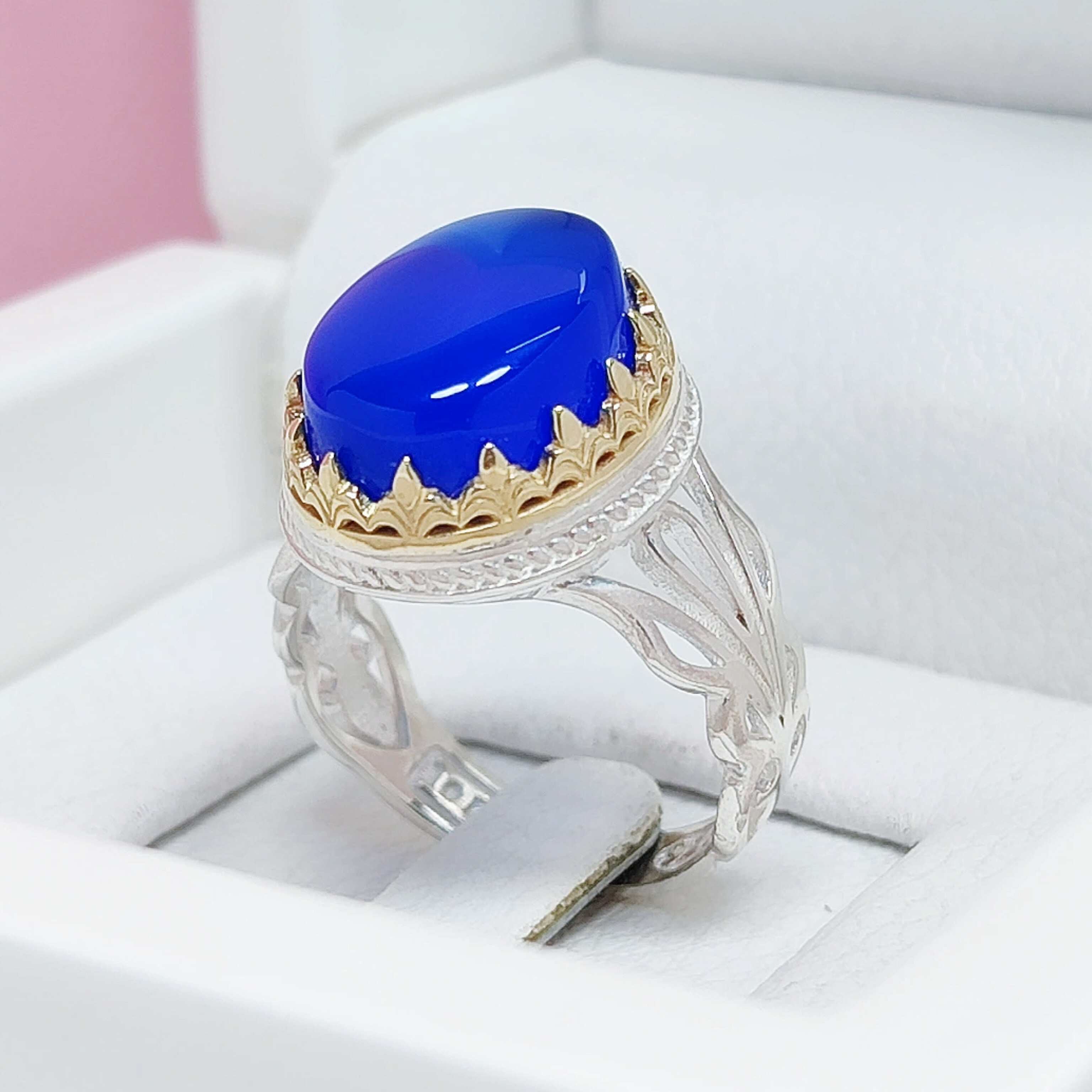 انگشتر مردانه نقره عقیق آبی با کیفیت یمن تراش