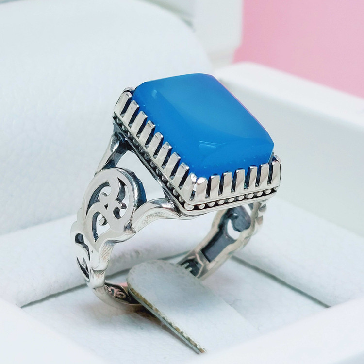 انگشتر رهبری مردانه نقره عقیق آبی