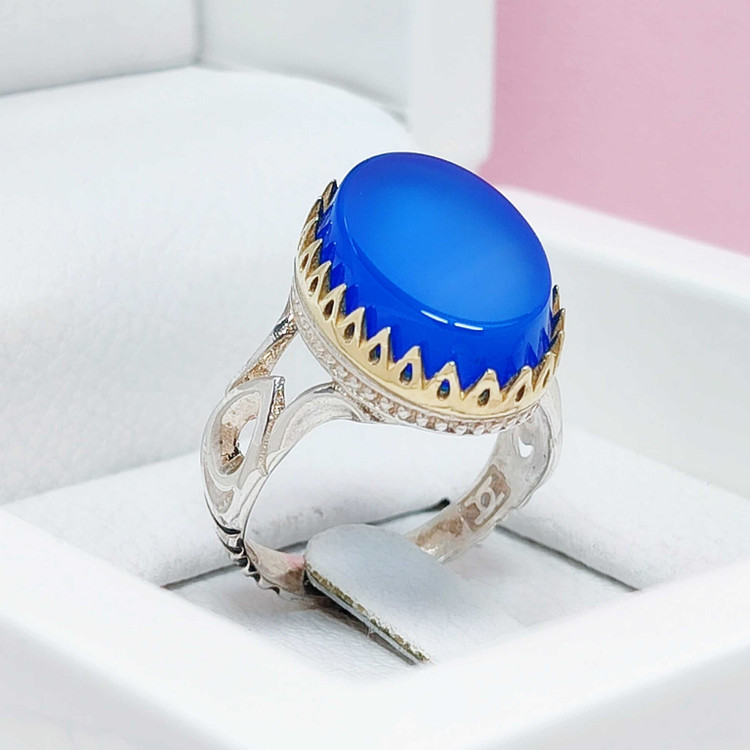 انگشتر مردانه نقره عقیق آبی مدل اشکی