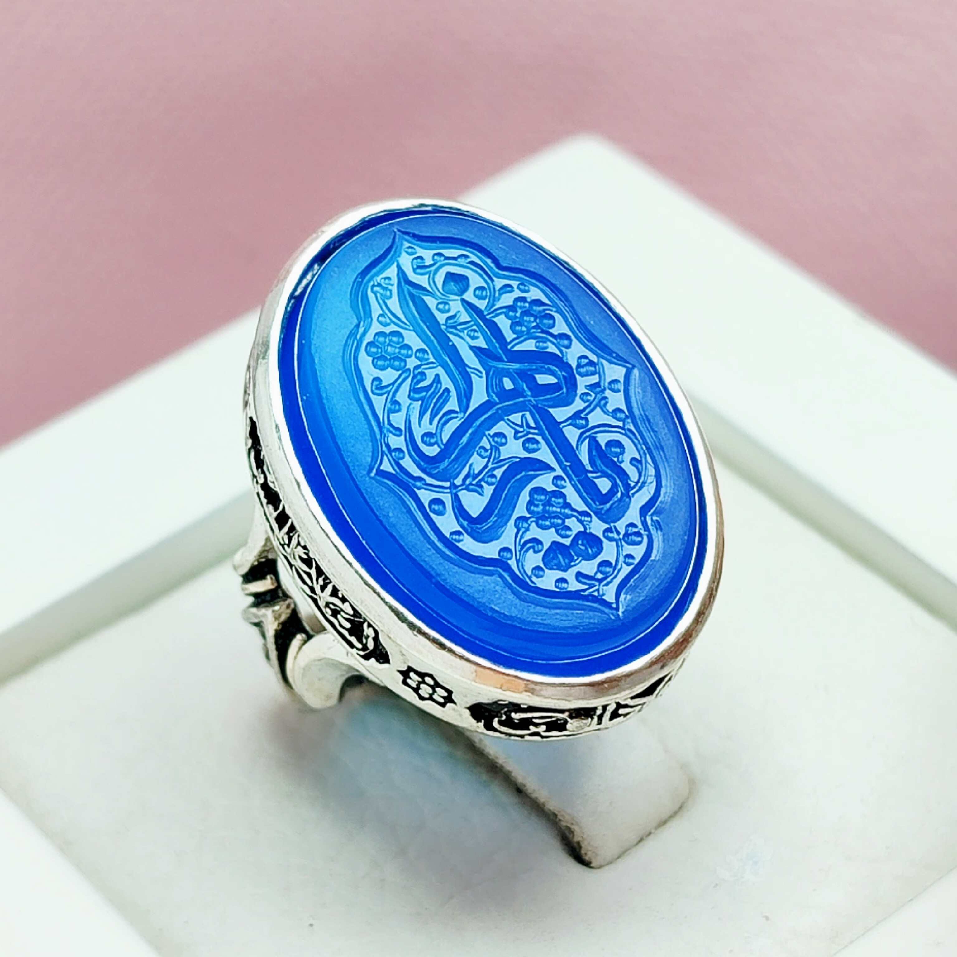 حکاکی یازهرا عقیق آبی مردانه نقره با کیفیت