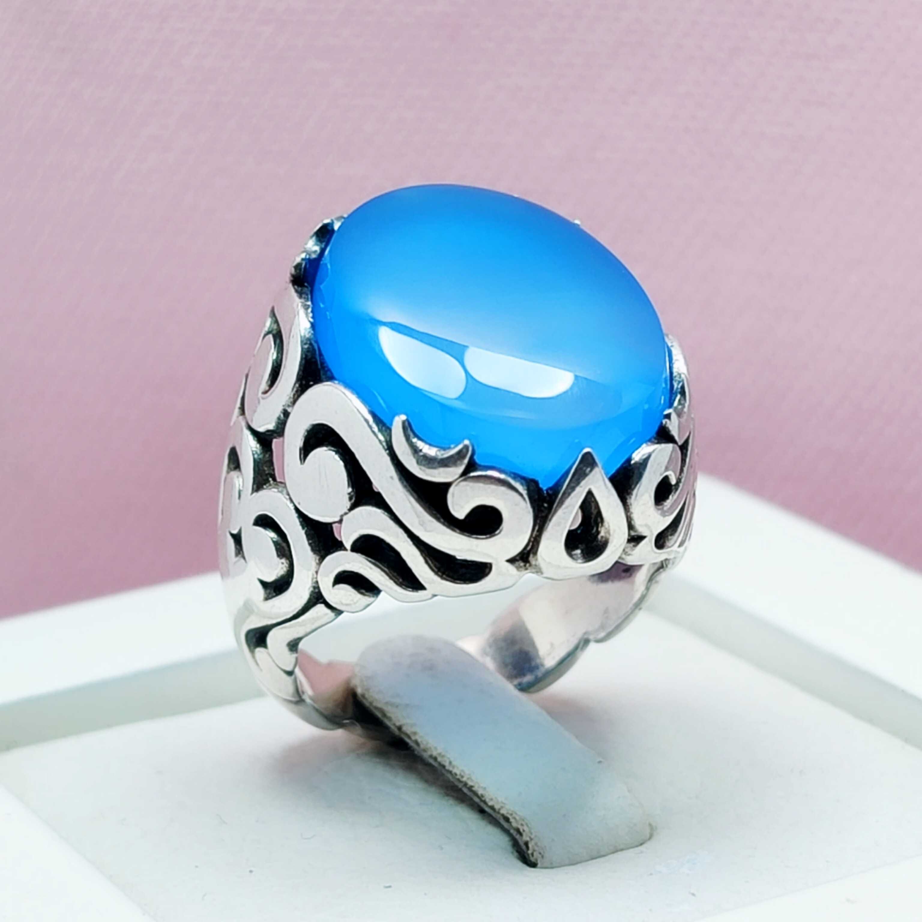 انگشتر عقیق آبی مردانه نقره عیار 925