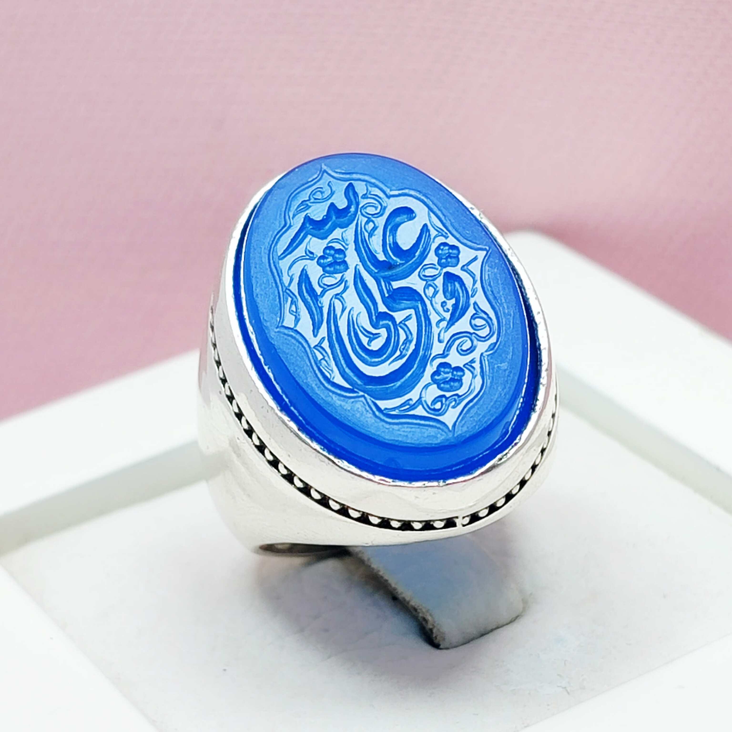 انگشتر عقیق آبی مردانه نقره علی ولی الله رکاب فیلی