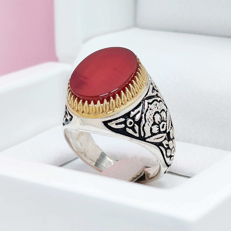 انگشتر مردانه نقره عقیق سرخ طرح قلمزنی