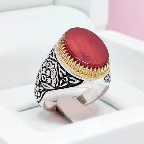 انگشتر مردانه نقره عقیق سرخ تراش تخت طرح گل