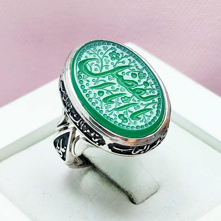 انگشتر یا اباالفضل مردانه نقره عقیق سبز ذکر دار