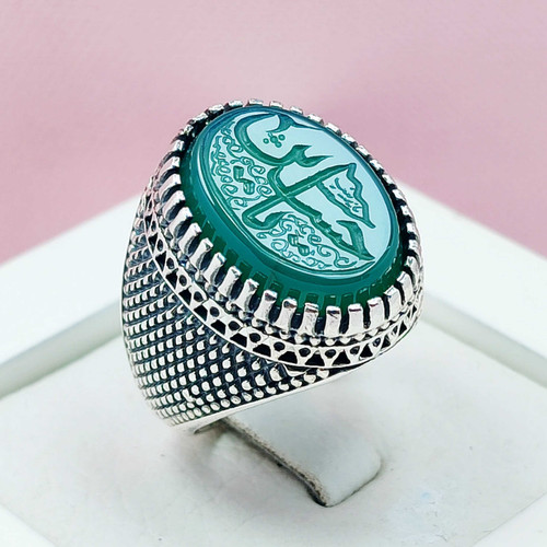 حکاکی یاحسین انگشتر مردانه نقره عقیق سبز