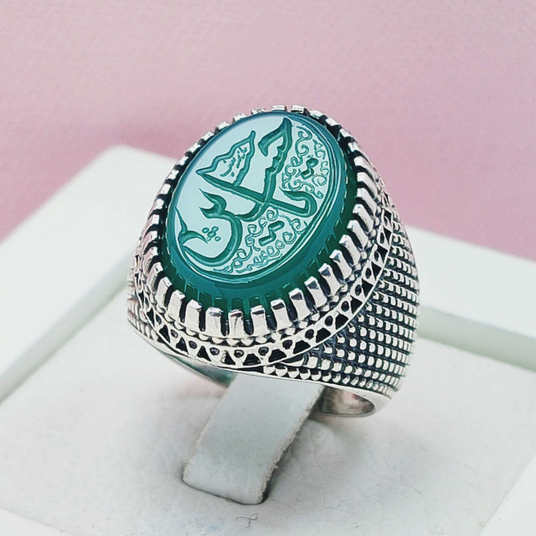 ذکر یاحسین انگشتر مردانه نقره عقیق سبز