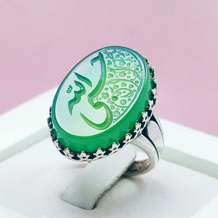 انگشتر حسبی الله مردانه نقره عقیق سبز اصل