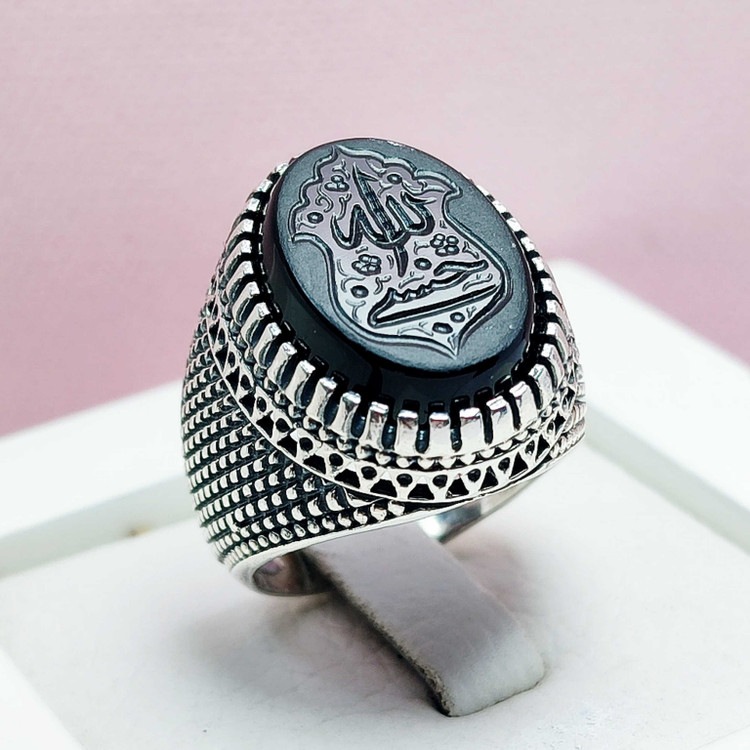 حکاکی حسبی الله مردانه نقره عقیق سیاه اصل