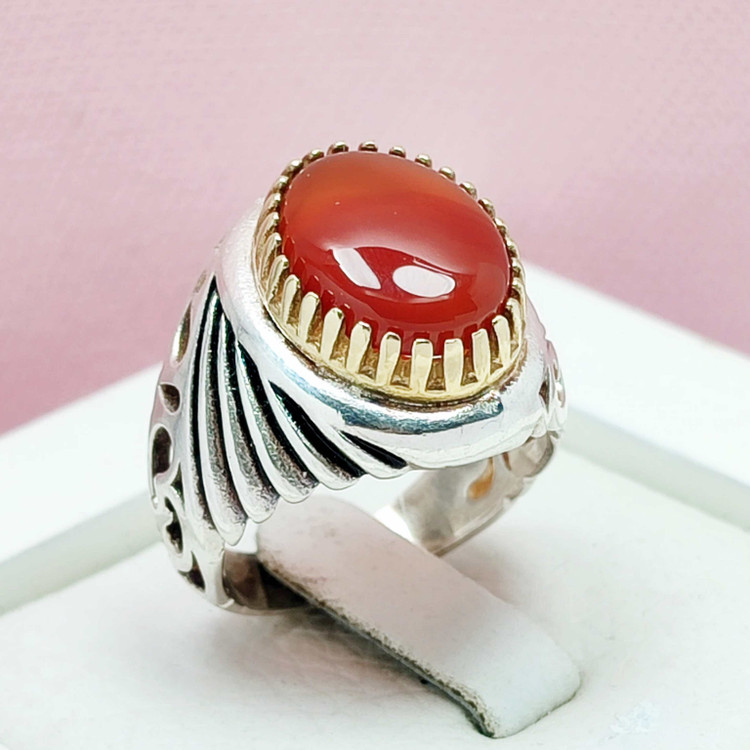 انگشتر مردانه نقره عقیق سرخ یمنی خوش رنگ