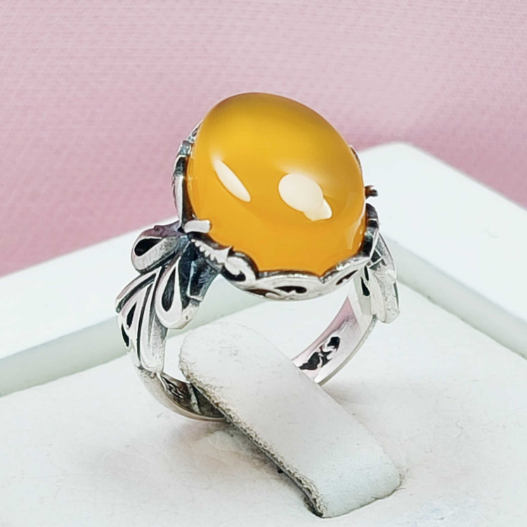 انگشتر شاپرک مردانه نقره عقیق زرد اصلی