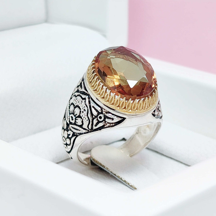 انگشتر مردانه نقره الکساندریت طلایی سه رنگ