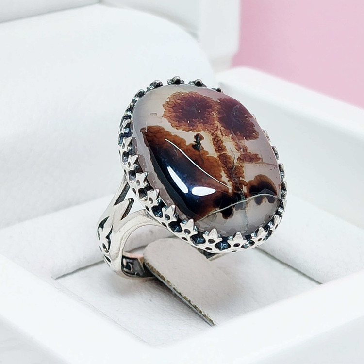 انگشتر شجر دو شاخه گل اصلی مردانه نقره طبیعی