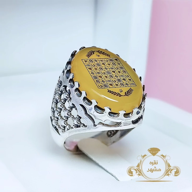 انگشتر مردانه عقیق زرد هفت شرف (کد 1052)