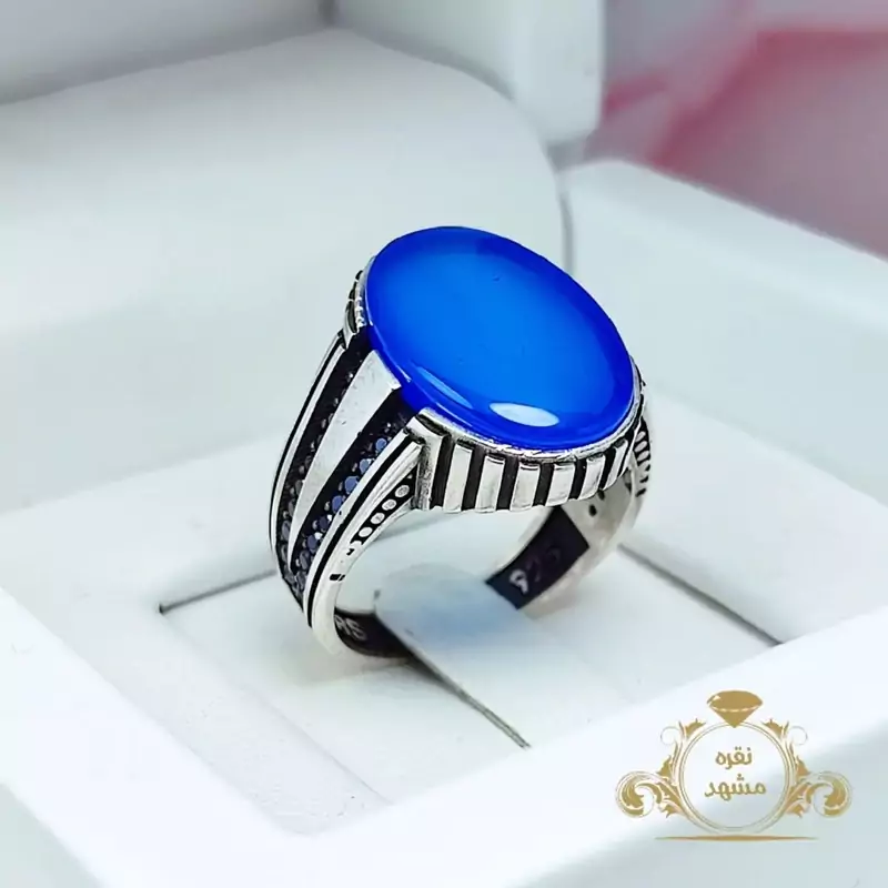 انگشتر سنگ عقیق آبی مردانه (کد 1188)