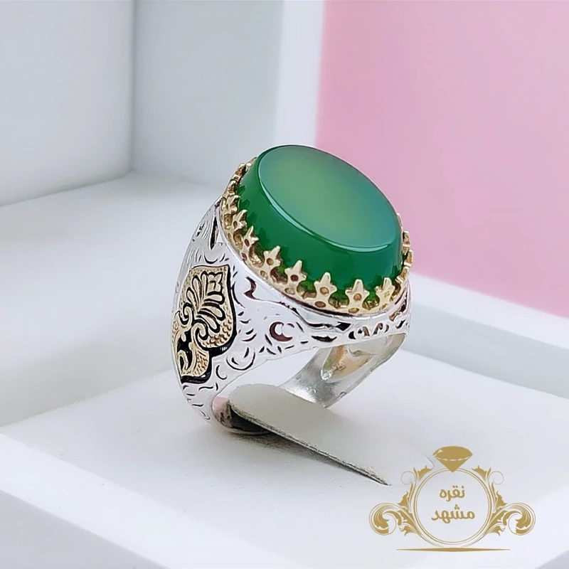 انگشتر عقیق سبز تیره مردانه (کد 1212)