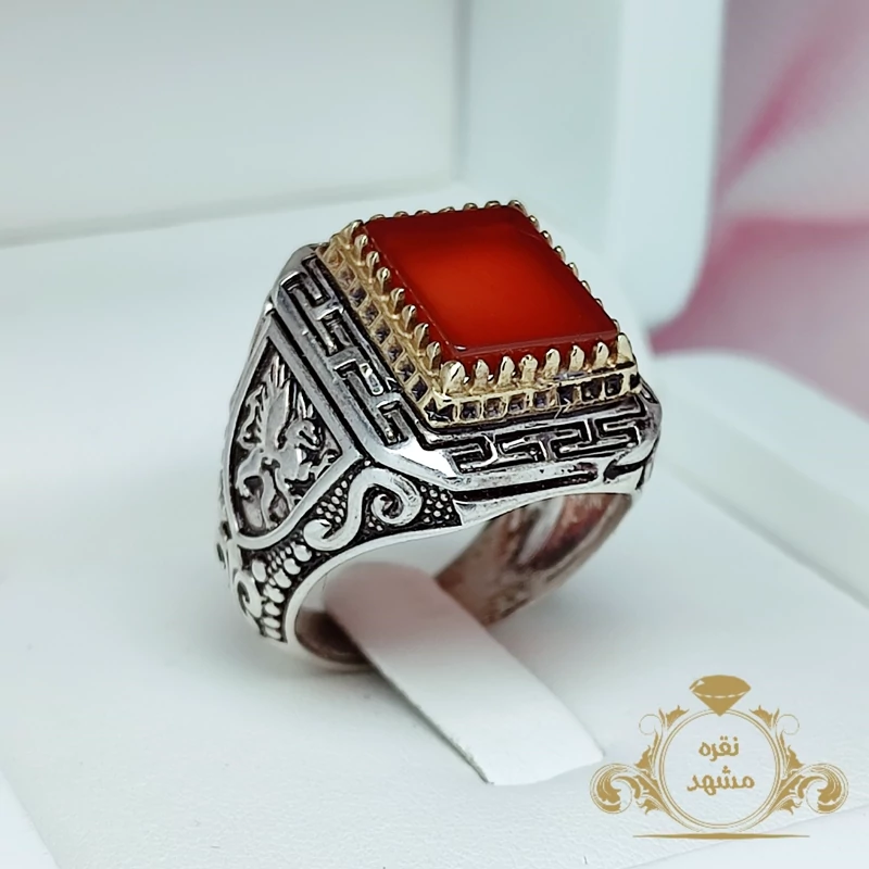 انگشتر نقره عقیق سرخ معدنی طرح پژو چهار گوش (کد 1043)