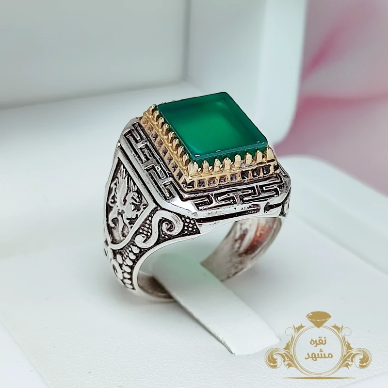 انگشتر عقیق سبز مدل پژو  چهار گوش (کد 1291)