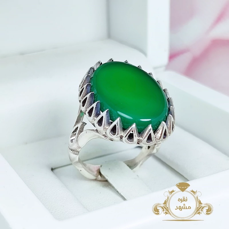 انگشتر عقیق سبز  مردانه طرح اشکی (کد 1295)
