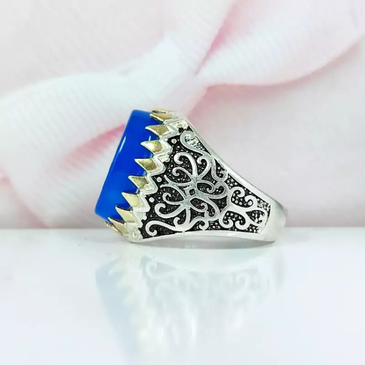 انگشتر نقره مردانه عقیق آبی اصلی تاج برنجی اصلی
