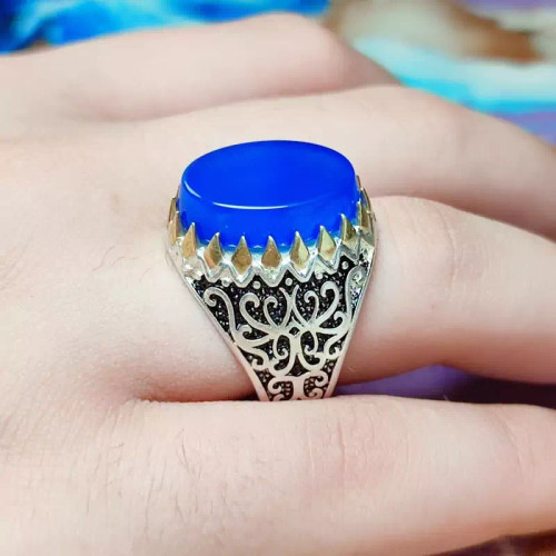 انگشتر مردانه عقیق آبی اصلی تاج برنجی