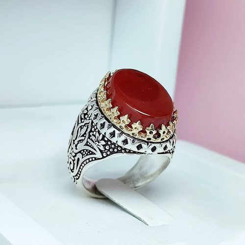 فروشگاه آنلاین انگشتر نقره عقیق سرخ دو رنگ تاج طلایی