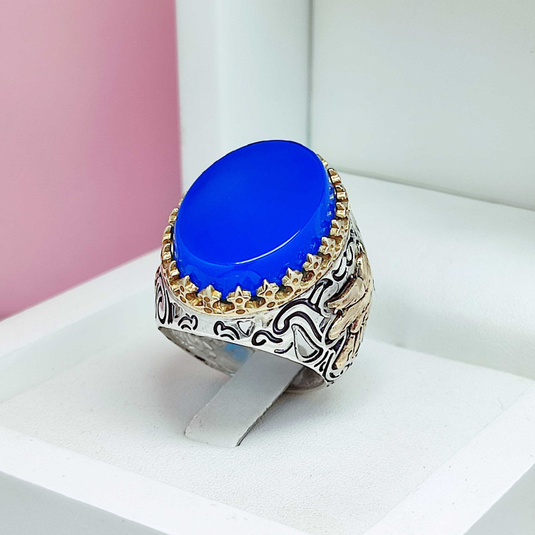 فروش انگشتر نقره مردانه عقیق آبی شیک و خاص طرح پرنده