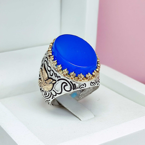 خرید انگشتر نقره مردانه عقیق آبی شیک و خاص طرح پرنده