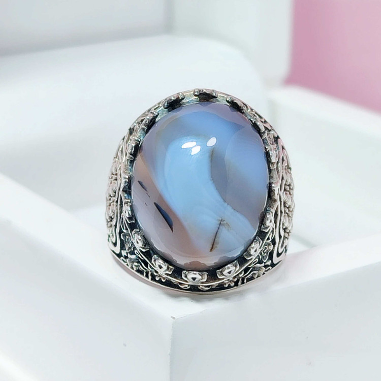 انگشتر نقره شجر یا عقیق سفید خط دار