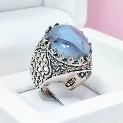 انگشتر مردانه شجر یا عقیق سفید خط دار