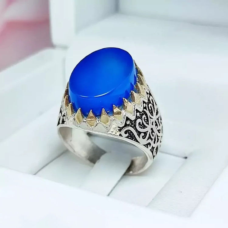 انگشتر عقیق آبی اصلی تاج برنجی اصلی